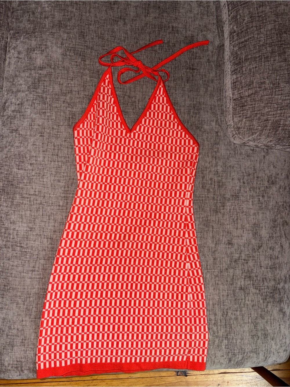 Cotton Candy Red Checker Halter Knit Backless Dress